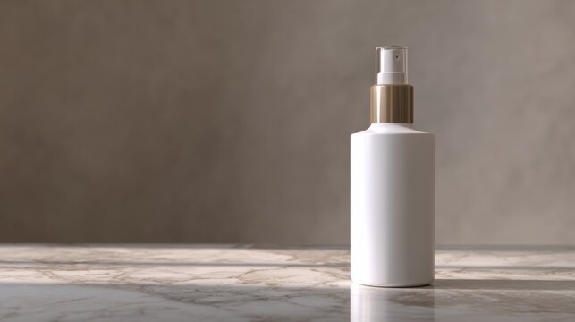 A minimalist white spray bottle whispers serenity on a sunlit marble altar, evoking Hygge vibes and World Water Days essence