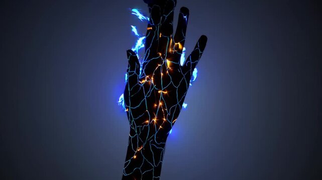 Hand crackling with electricity and blue glow, lightning vein travel along dark hand like circuit, futuristic power display showing electricity flow and touch interaction, energy spark pulse - Powered by Adobe