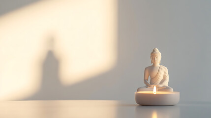 Serene Buddha statue atop a candle, softly lit. The subtle play of light and shadow enhances the tranquil setting, inspiring mindfulness and inner peace.