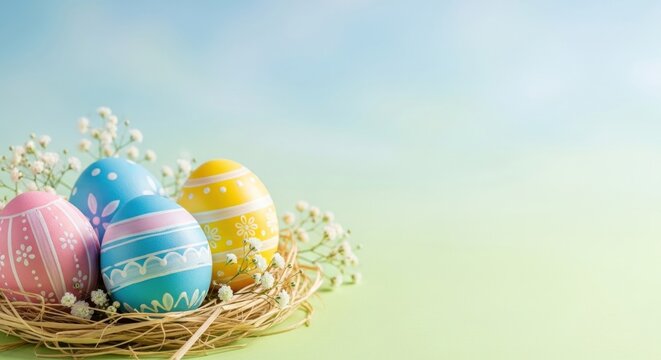 Decorated Easter eggs in a straw nest with white flowers on a pastel green background.