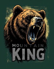 Fierce roaring grizzly bear head illustration with Mountain King text, vector style mascot design on green background.