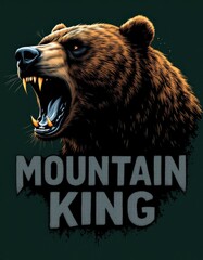 Fierce roaring grizzly bear head illustration with Mountain King text, vector style mascot design on green background.