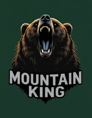 Fierce roaring grizzly bear head illustration with Mountain King text, vector style mascot design on green background.