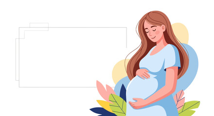 Happy pregnant woman holding her belly. Modern flat vector illustration for maternity and motherhood concepts with copy space