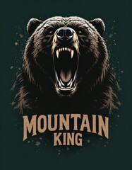Fierce roaring grizzly bear head illustration with Mountain King text, vector style mascot design on green background.