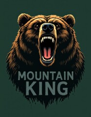 Fierce roaring grizzly bear head illustration with Mountain King text, vector style mascot design on green background.