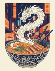Illustration of a traditional Japanese dragon rising from a steaming ramen bowl on a neon city street background.