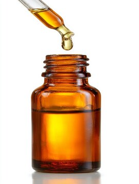 cosmetic oil bottle with an oil droper above it, skin care, vitamins, flat white background