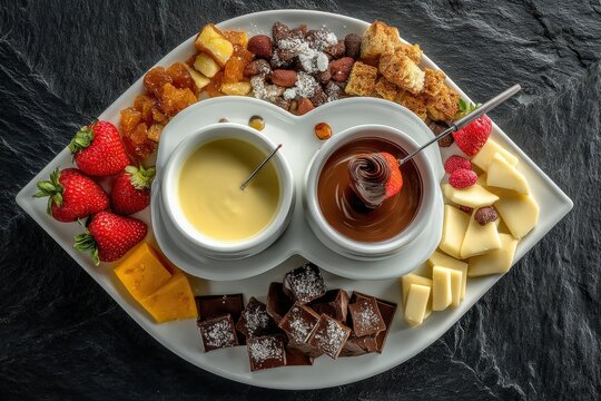 Gourmet chocolate and cheese fondue platter featuring fresh strawberries, artisan bread, decadent toppings, and assorted delicacies served on elegant dishware captured with clarity - Powered by Adobe