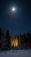 Nighttime forest scene with illuminated trees and bright moon overhead