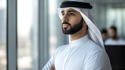 An Arab businessman gazes thoughtfully through a large window, symbolizing ambition and vision in modern business. Classic Emirati attire adds cultural depth.