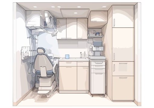 Vettore disegno studio dentistico moderno con poltrona e attrezzature mediche per igiene orale.