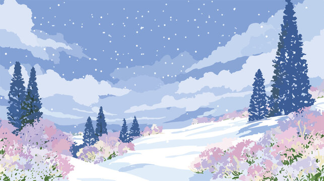 Paesaggio invernale stilizzato con neve soffice e alberi stilizzati in un'atmosfera serena e delicata.