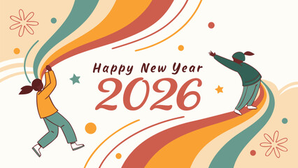 Happy new year 2026 retro celebration with colorful wavy design