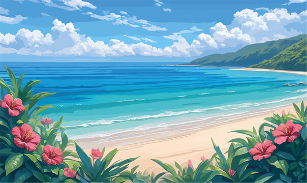 Una splendida spiaggia tropicale con acque cristalline e vegetazione lussureggiante sotto un cielo azzurro.