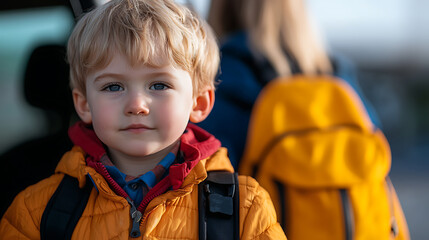 A young boy with blond hair and blue eyes stands ready for school, wearing an orange jacket and backpack, his mom stands behind him with her yellow backpack, it's a new school adventure!