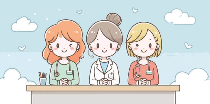 Illustrazione vettoriale di tre simpatiche dottoresse o infermiere in stile kawaii sedute alla scrivania