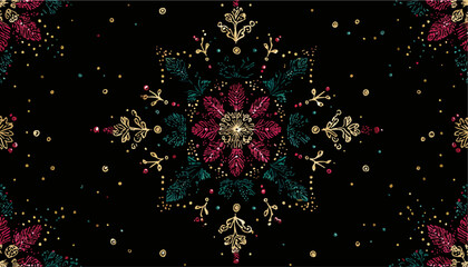 Vettore sfondo nero con ricami floreali stilizzati e scintillanti, decorazione festiva.