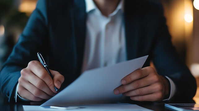 A businessman is meticulously reviewing a document with a pen in hand, in a professional setting. He is focused on signing a contract or making notes on it.