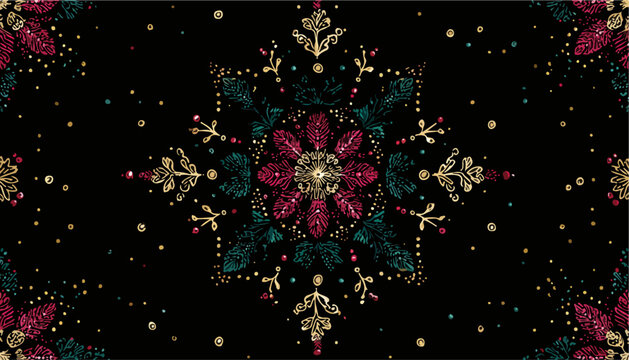 Vettore sfondo nero con ricami floreali stilizzati e scintillanti, decorazione festiva.