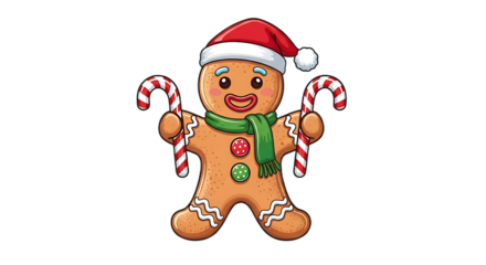 A cartoon gingerbread man wearing a santa hat and scarf holding candy canes on a black background