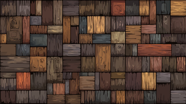Sfondo astratto di assi di legno rustiche, patchwork di texture lignee scure e chiare, stile vettore.