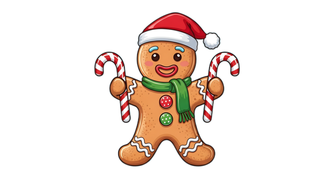 A cartoon gingerbread man wearing a santa hat and scarf holding candy canes on a black background