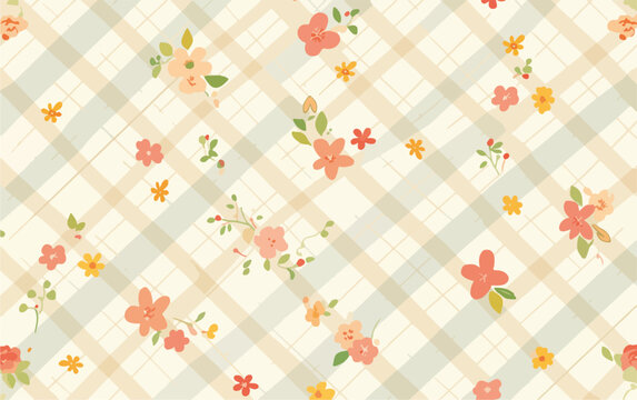 Sfondo a quadretti Vichy con delicati fiori stilizzati in tonalit&agrave; pastello, pattern ripetuto.