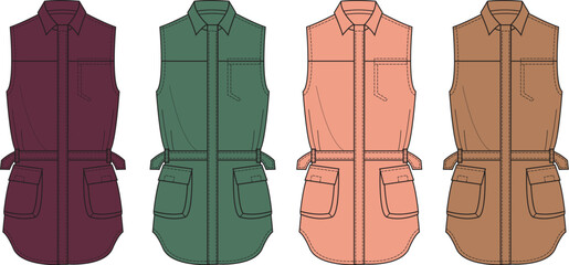 Vector collection of women's sleeveless belted utility jackets. Fashion flat technical sketch for apparel design