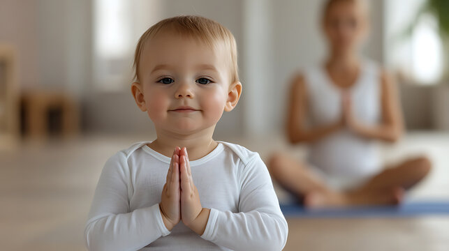 A serene moment: A young child practices mindfulness with hands in prayer pose, a blurred woman meditating in the background, promoting peace and wellbeing at home.