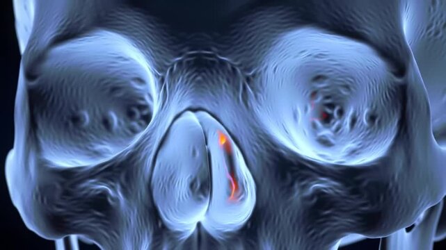Animated Skull CloseUp Nasal Passage Inflammation Highlighted in Red and Orange