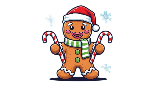 Cartoon gingerbread man with santa hat scarf and candy canes on a black background with snowflakes