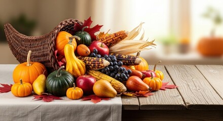 A cornucopia filled with various fruits and vegetables on a wooden table.