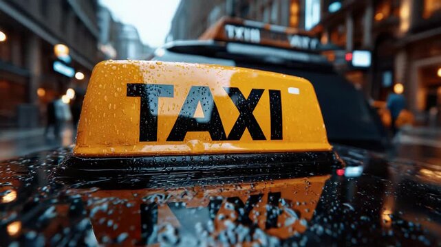 Raindrops on vibrant taxi cab roof: urban evening commute in motion