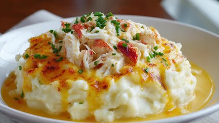 Succulent crabtopped mashed potatoes with melted cheese in gourmet dining experience