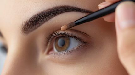 Close-up shot of a person applying makeup to their eye. A makeup brush is being used on the upper lash line to enhance the eyes for a polished and refined look, creating a captivating gaze.