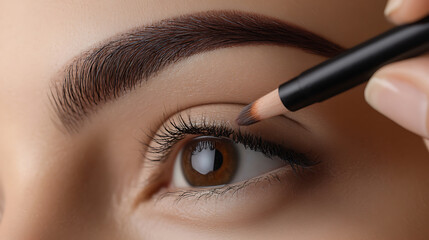 Naklejka premium Close up image of a person putting on make up with a black handled brush. Eyebrows are brown and the skin is smooth. The person is fair skinned and the eye color is brown.