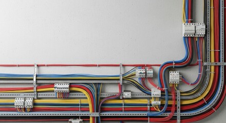 A complex network of electrical wires and switches on a concrete wall.