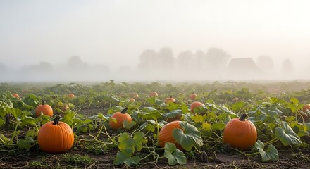 Orange pumpkins in a field on a foggy morning autumn harvest concept