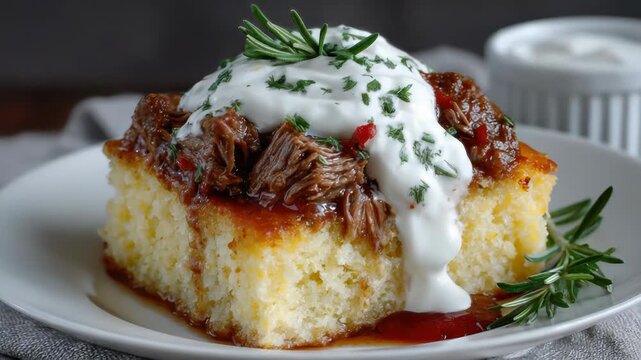 Succulent beef roast on cornbread with creamy topping and fresh herbs captured in motion