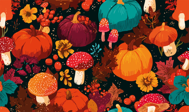 Un vibrante motivo autunnale con zucche colorate, funghi e foglie che evocano la stagione