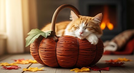 Orange tabby cat rests inside a pumpkin basket with autumn leaves