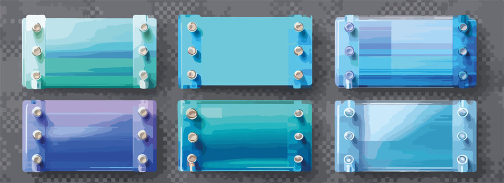 Sei contenitori trasparenti con sfumature di blu e verde, fissati con viti, su sfondo grigio.