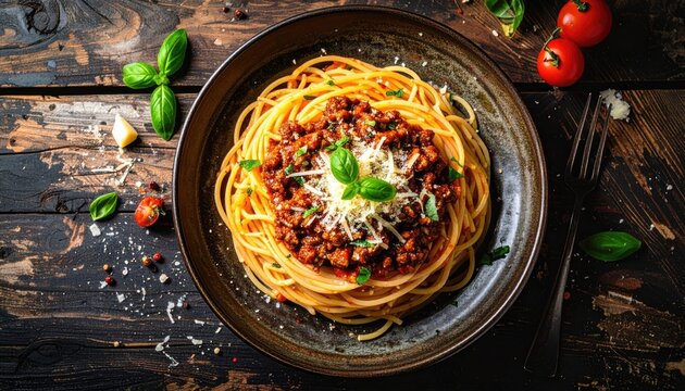 Delicious Spaghetti Bolognese with rich meat sauce topped with fresh basil and grated cheese served in a rustic bowl on a dark wooden table with tomatoes and herbs scattered around - Powered by Adobe