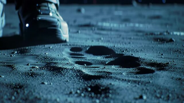 Ultra-slow motion, ECU of a rugged space boot pressing into dark alien regolith, creating a crisp footprint under sapphire light. Concept of first contact and discovery