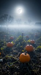 Orange pumpkins in a field under a full moon in foggy landscape