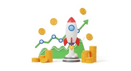 Watch your investments soar like a rocket with this professional 3D render showing rapid financial growth and prosperity in a clean, modern design