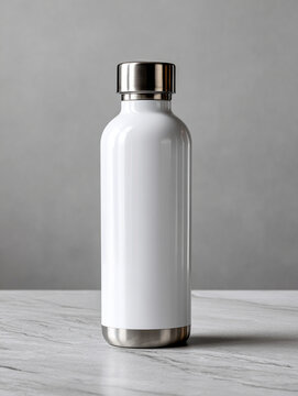 Botella t&eacute;rmica blanca con acabados met&aacute;licos sobre superficie de m&aacute;rmol y fondo gris neutro
