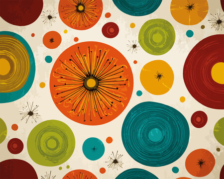 Motivo astratto retr&ograve; con cerchi concentrici e fiori stilizzati in colori vivaci.
