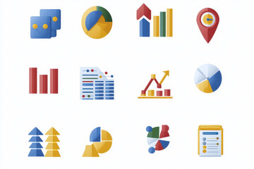 Collection of flat icons representing data visualization, charts, graphs, and analytics tools, showcasing various styles